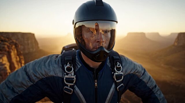 Close up of a person wearing a flight suit and helmet standing on a rocky cliff edge at sunset, looking towards the camera with canyon landscape in background