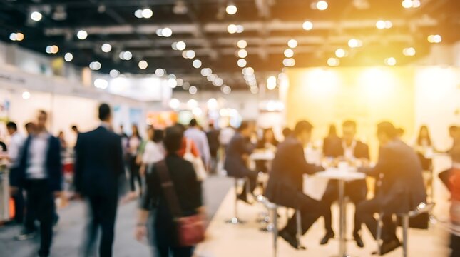 Business professionals networking at trade fair booth with exhibition, business