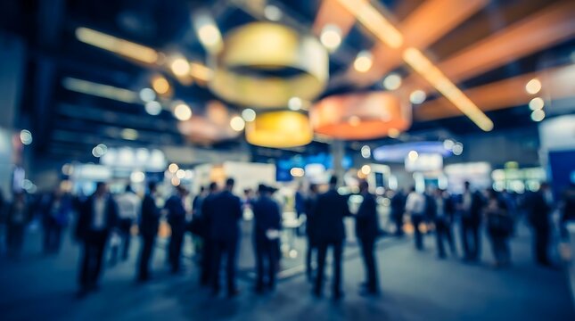 Blurred business professionals networking at a large corporate trade show
