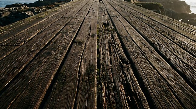 Weathered wooden planks forming an old rustic bridge surface leading to horizon