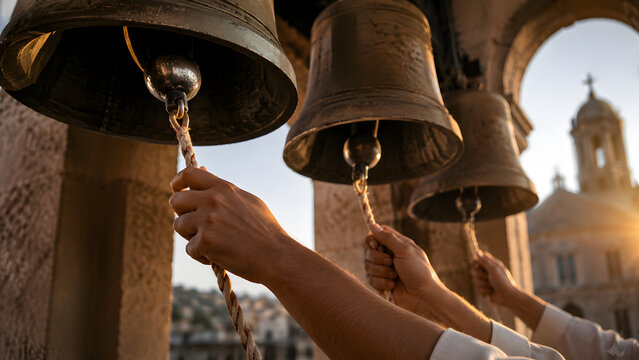 Hands ringing large bronze church bells in a belfry at sunset