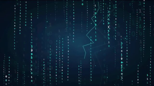 Abstract Digital Data Stream with Binary Code and Fluctuating Financial Graph on Dark Blue Background