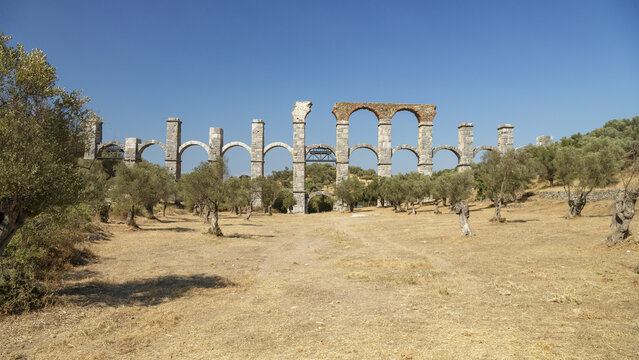 This beautiful Roman aqueduct lies a little less than 10 kilometers north of Mitilini, the capital, inland in the village of Moria, on the beautiful Greek island of Lesbos.