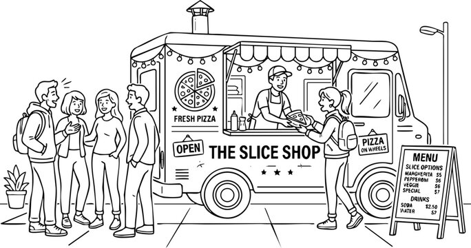 Street food truck serving pizza to customers with customer business restaurant ordering culinary lifestyle