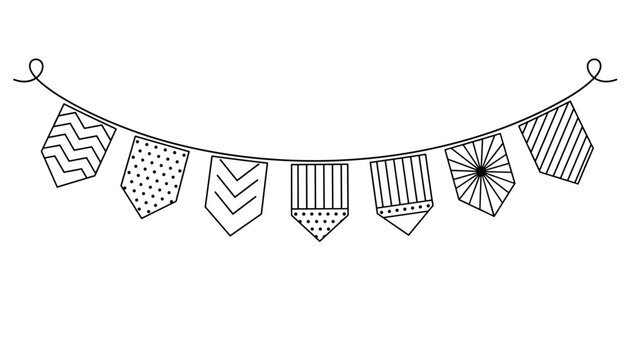 Decorative string of colorful bunting flags with various patterns hanging on a rope for celebration parties and festive event decorations.