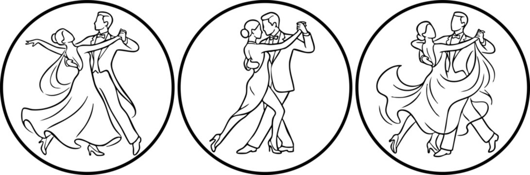 Vintage style circular frames featuring couples dancing couple dancing ballroom circular illustration
