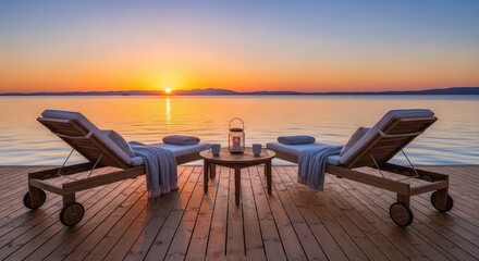 Fototapeta premium A serene wooden patio overlooks calm blue water at sunset, featuring comfortable lounge chairs, soft cushions, and a peaceful atmosphere, environment, waterfront, evening