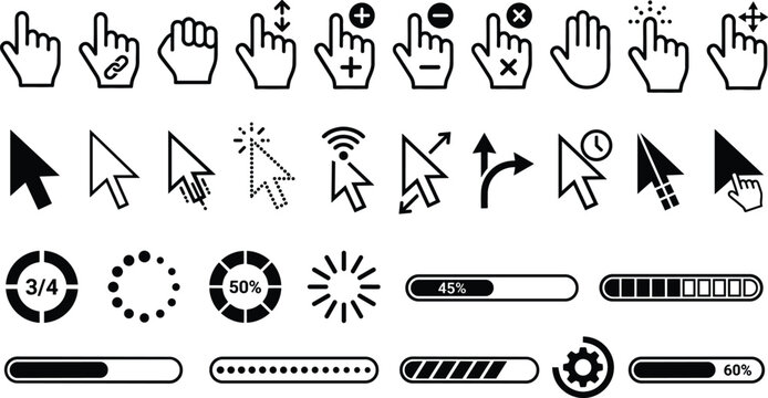 Mouse Cursor and Progress Bar Outline Icon Set with Varied Pointer Arrow Hand Click and Loading Indicators Vector Illustration