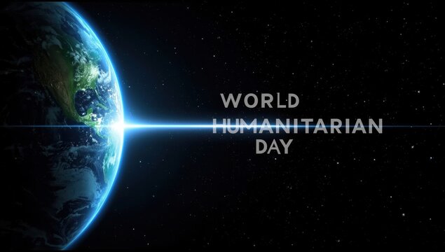 Earth planet view from space with bright light beam and humanitarian day text on dark starry background