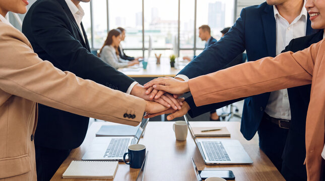 Team work office hands stack collaboration business meeting diverse colleague