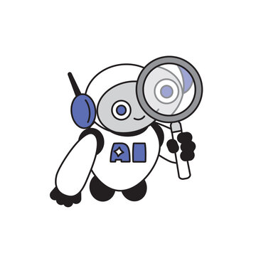 虫眼鏡を持ち調査するAIエージェントロボットのキャラクターイラスト