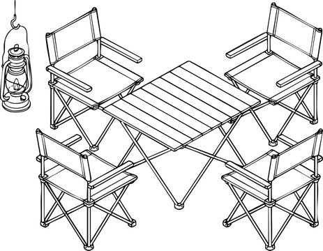 Camping furniture set featuring folding table and four chairs with hanging oil lantern vector illustration