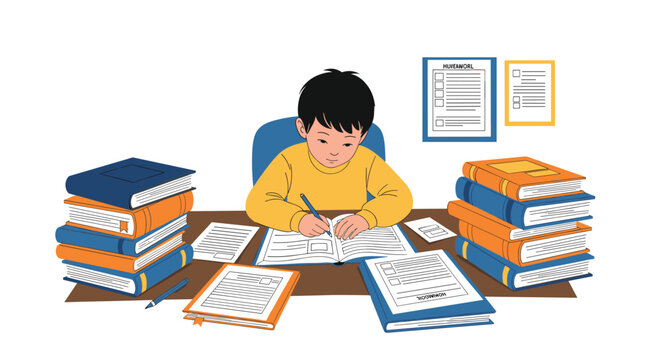 Diligent boy studying hard at a desk surrounded by towering stacks of colorful books and school papers.
