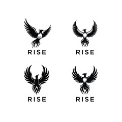Fototapeta premium Set of four minimalist phoenix bird logos with rising wings and typography.