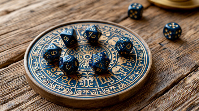 Flat lay of a zodiac wheel and astrology dice arranged on a wooden table, horoscope planning tools, with copy space