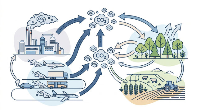 Industrial carbon cycle and sustainable agriculture illustration.