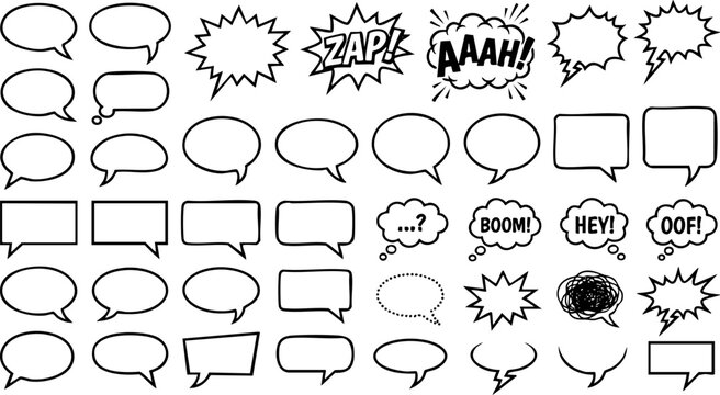 Comic book style speech bubble and thought balloon collection with dialogue explosion illustration comicbook