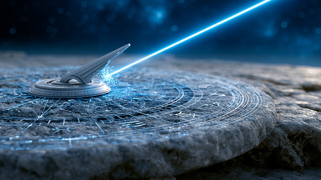 Cosmic sundial with a glowing laser beam pointing toward astrological symbols on a stone platform, futuristic astrology, with copy space