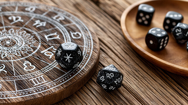 Flat lay of a zodiac wheel and astrology dice arranged on a wooden table, horoscope planning tools, with copy space