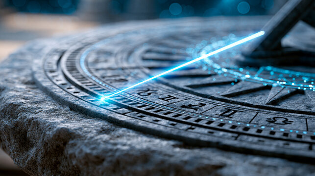 Cosmic sundial with a glowing laser beam pointing toward astrological symbols on a stone platform, futuristic astrology, with copy space