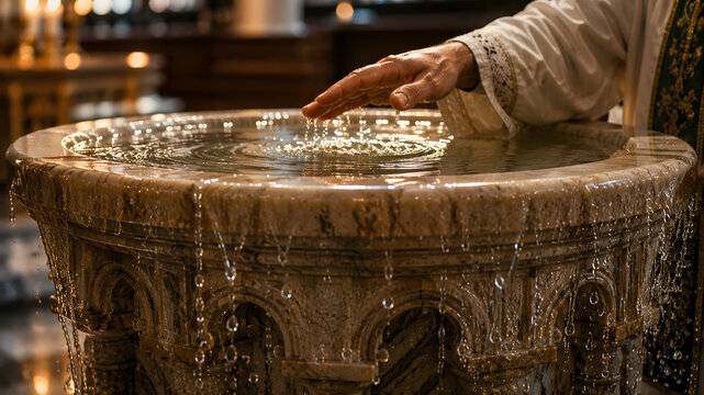 Priest blessing water in an ornate stone baptismal font