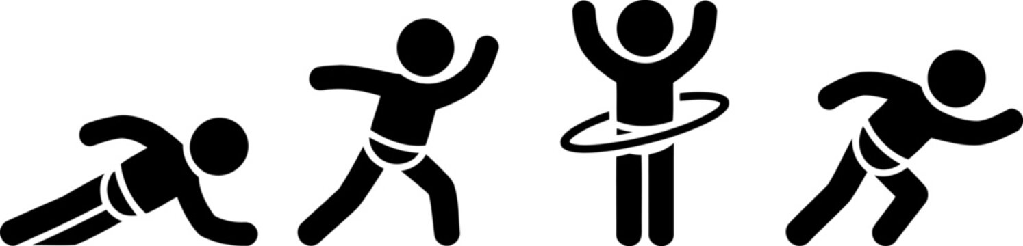 Four black stick figures showing different fitness activities on white background person