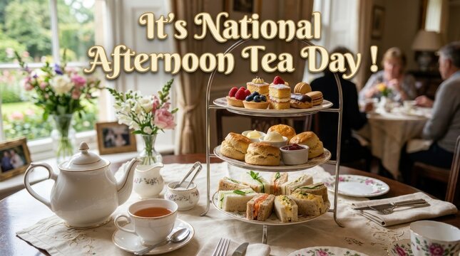 Afternoon tea setting with tiered cake stand, teapot, cups, and floral centerpiece in warm natural light