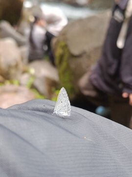 Clear ice shard on dark fabric outdoors