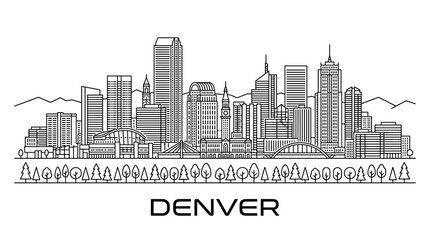 Obraz premium Denver Skyline Vector Illustration in Minimal Black and White Line Art Architectural Sketch Style