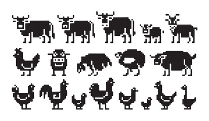 Collection of various pixelated farm animal characters and poultry in black vector design. © Ripon