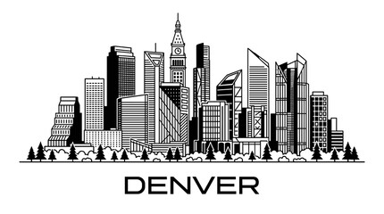 Naklejka premium Denver Modern Skyline Vector Illustration in Minimal Black and White Line Art Architectural Sketch Style