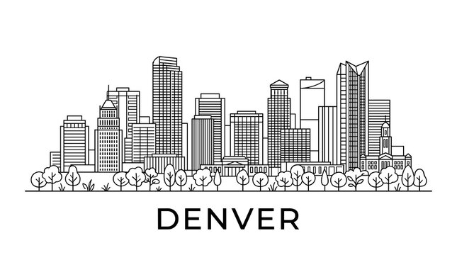 Denver Skyline Vector Illustration in Minimal Black and White Line Art Architectural Sketch Style