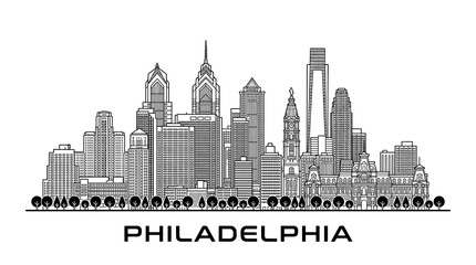 Obraz premium Black and Gray Minimal Line Art Philadelphia Downtown Skyline Vector Illustration with Modern Architecture
