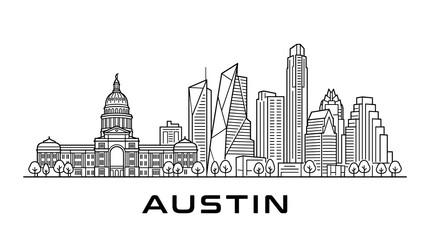 Fototapeta premium Black and Gray Minimal Line Art Austin Downtown Skyline Vector Illustration with Modern Architecture