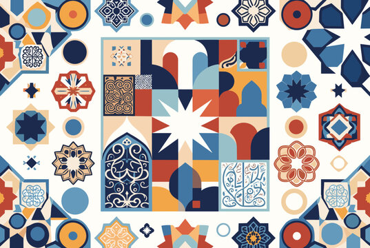 Exquisite traditional Arabic mosaic pattern featuring geometric stars, arches, and colorful floral motifs.