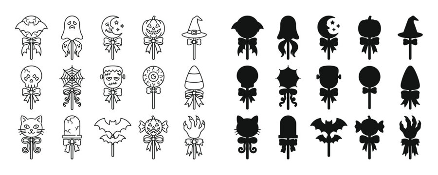 Halloween spooky lollipop vector collection, cute candy clipart bundle with ghost pumpkin bat skull candy corn illustration