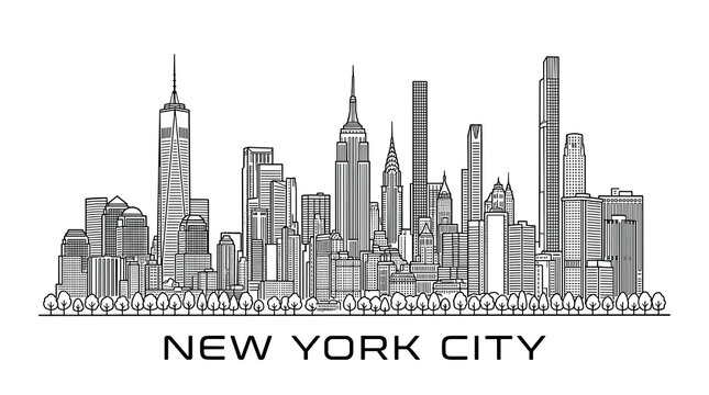 New York City skyline black line art panorama with text footer, vector icon with One World Trade Center, Empire State Building, Chrysler Building and Central Park Tower