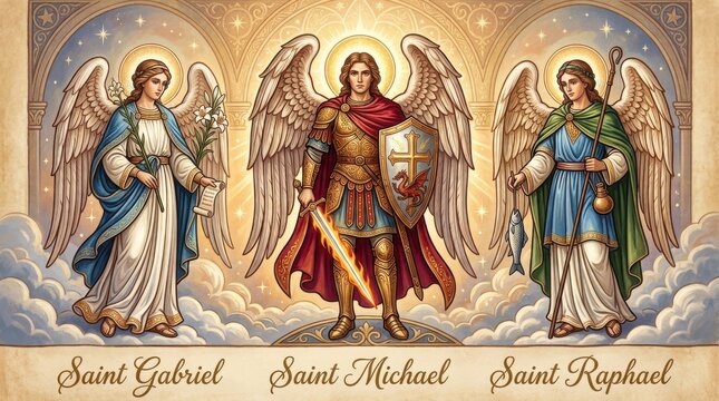 Three Archangels Standing on Clouds with Wings and Halos