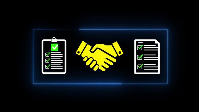 Innovative B2B purchasing and supplier management concept. Neon digital procurement system with icons representing approval, documents, and agreements