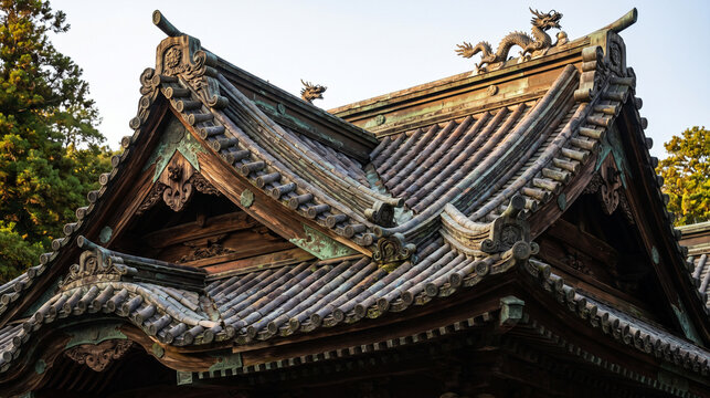 Intricate traditional Japanese temple roof with ornate tiles and decorative elements against a clear sky