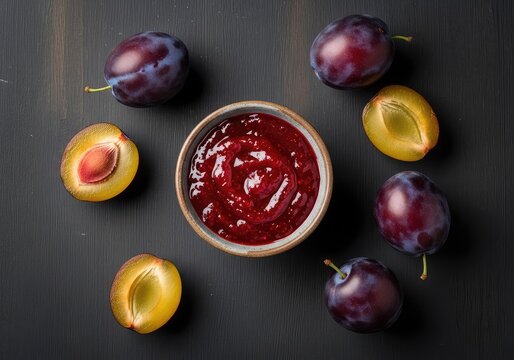Vibrant red plum jam in a small bowl captured from above, scattered with fresh organic purple fruits on a dark and moody wooden surface, raw, purple, juicy