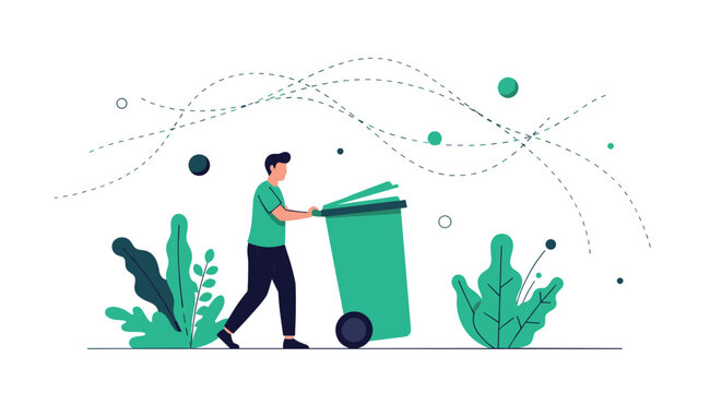 Environmentally conscious volunteer pushing a green garbage bin to collect and recycle waste in a clean area.