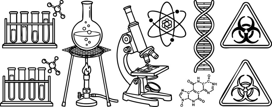 Set of laboratory science equipment icons sketch with hand drawn laboratory microscope research chemistry