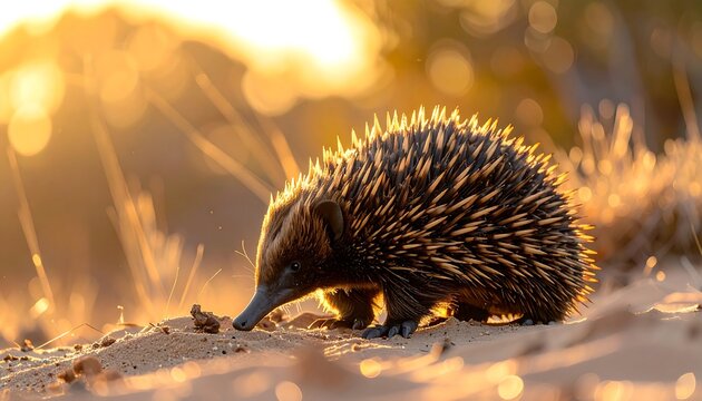 A small, spiky creature with a long snout snuffles on sandy ground at sunset