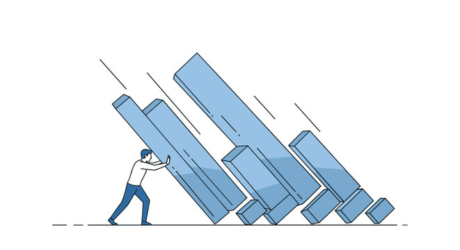 Conceptual illustration showing a man exerting great effort to push back and stop a series of large falling blue domino-like rectangular blocks.