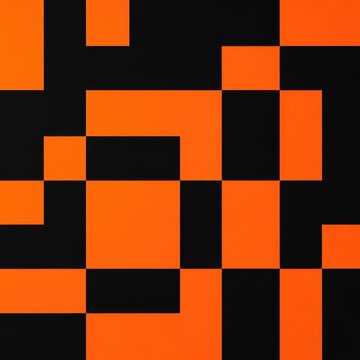 A geometric abstract background featuring a grid of black and vibrant orange squares, creating a bold, rhythmic, and modern checkered pattern, mosaic, modern, graphic
