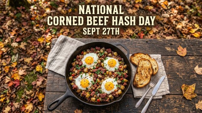 Traditional Corned Beef Hash Breakfast with Eggs and Toast on Rustic Table Outdoors