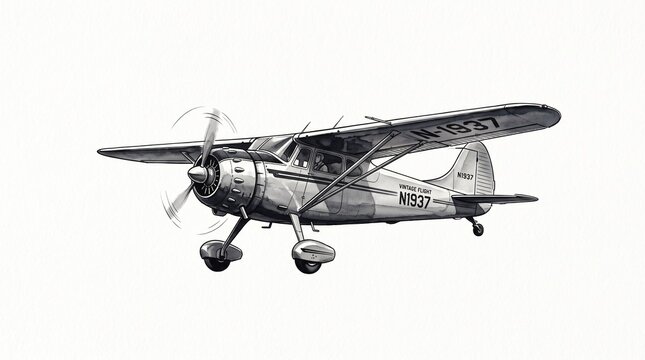 A detailed black and white watercolor and ink sketch of a classic vintage high-wing propeller airplane flying through the air, featuring a spinning propeller, landing gear with wheel pants.