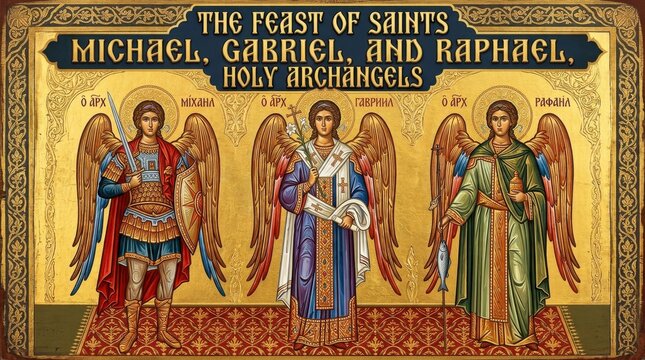 Three Archangels Standing Together, Mosaic Art Style