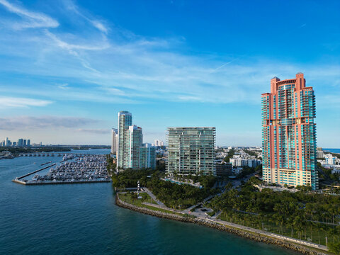 Top view of South Miami Beach. Scenic drone view of Miamis famous coastline. Miami Beach skyline with skyscrapers. Aerial view of Miami Beach in summer. Miami Beach shore with skyscrapers.